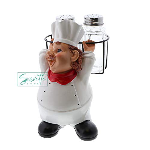 Chef Fat Chef Kitchen Décor Novelty Salt and Pepper Shaker Set with Stand 